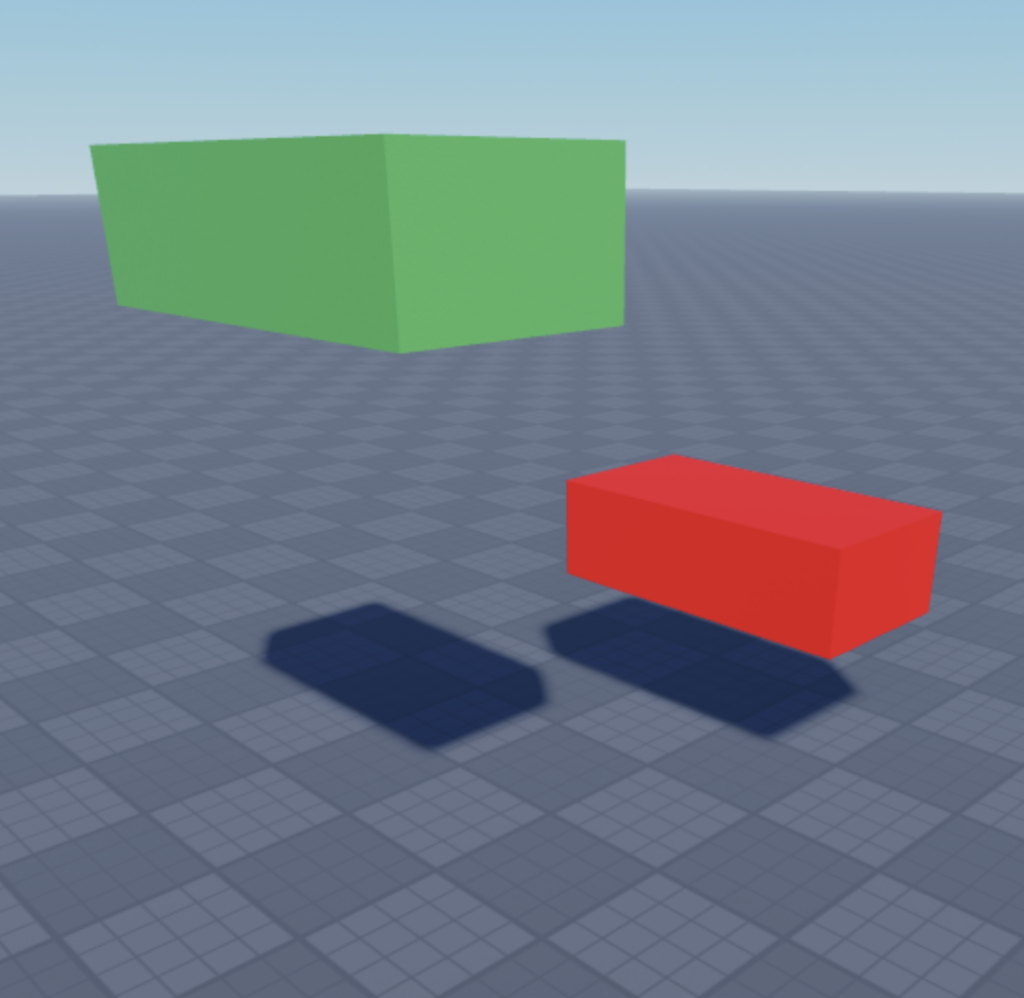 A green part and a red part next to each other. I use this image to explain what a vector3 is in Roblox scripting.