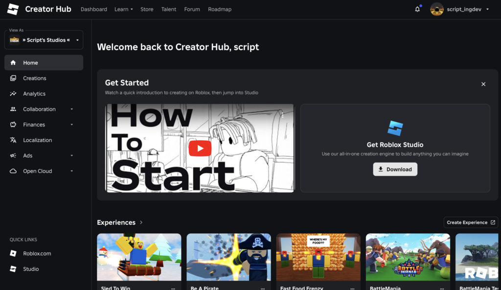 The Roblox Creator Hub allows you to download Roblox Studio