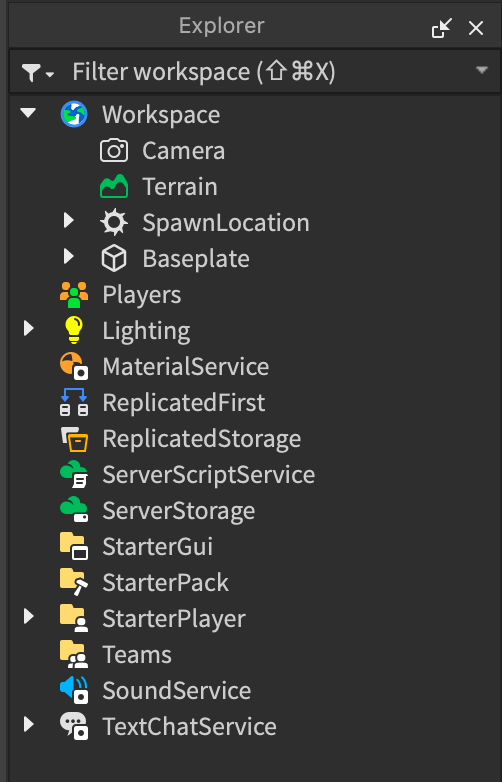 The Explorer window of Roblox Studio.