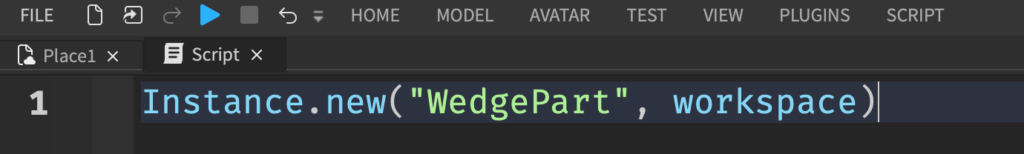 A Roblox Script that inserts a WedgePart into Workspace.