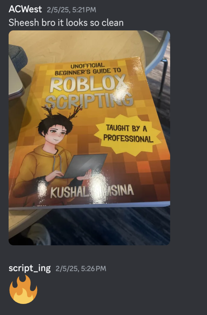 The Beginner's Guide to Roblox Scripting book has been delivered.