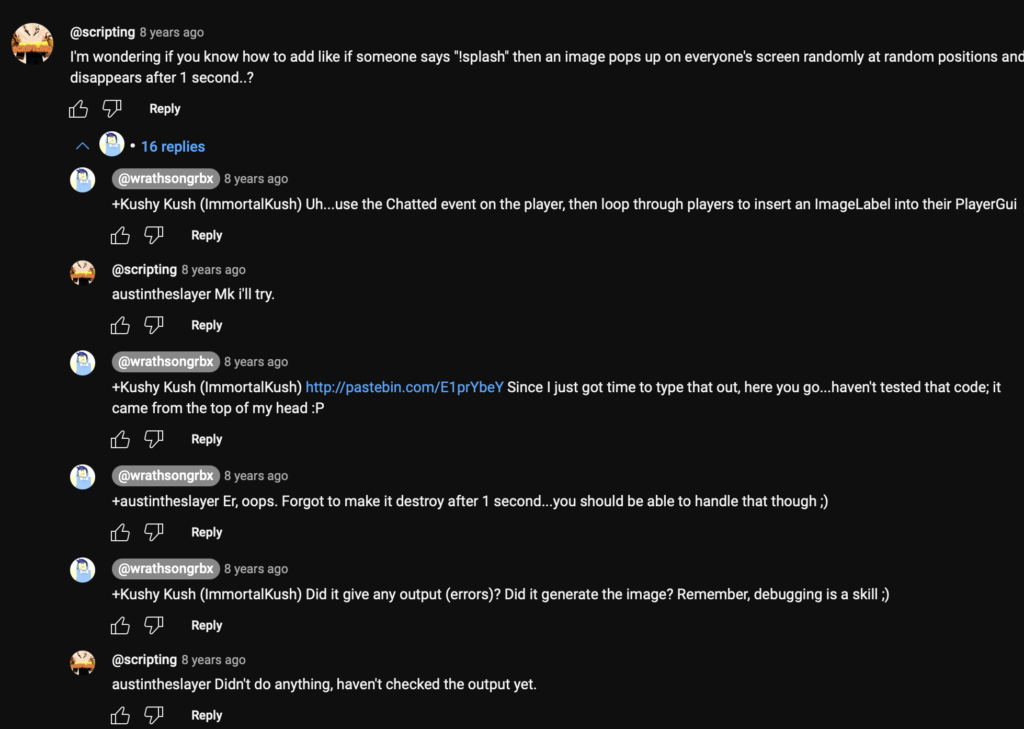 Comments with Wrathsong, who helped me get started with Roblox scripting.