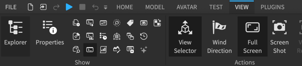 The view ribbon in Roblox Studio