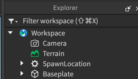 The Explorer window in Roblox Studio shows us the objects in the 3D world.