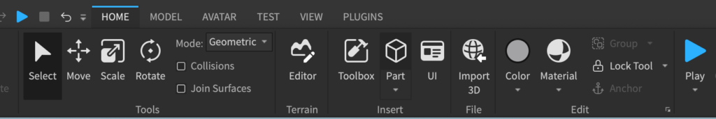 Roblox Studio's top ribbon bar, where you can create Parts for our Roblox game from scratch.