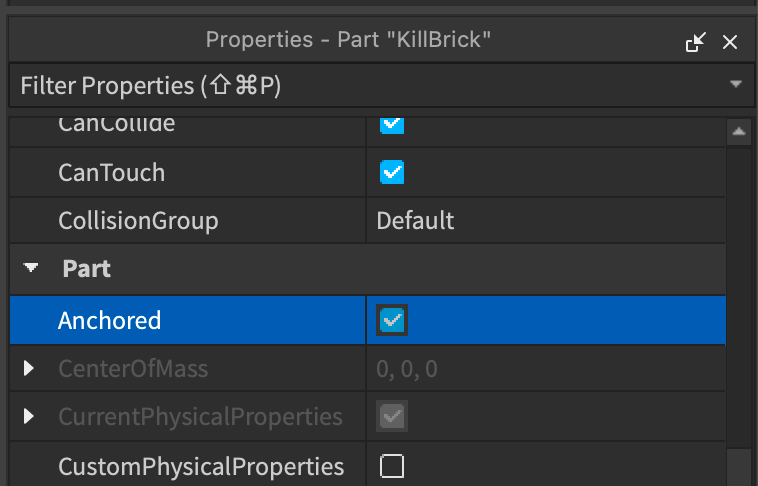 The Part in our Roblox game from scratch has been anchored
