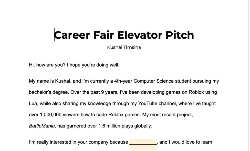 A Career Fair Elevator Pitch