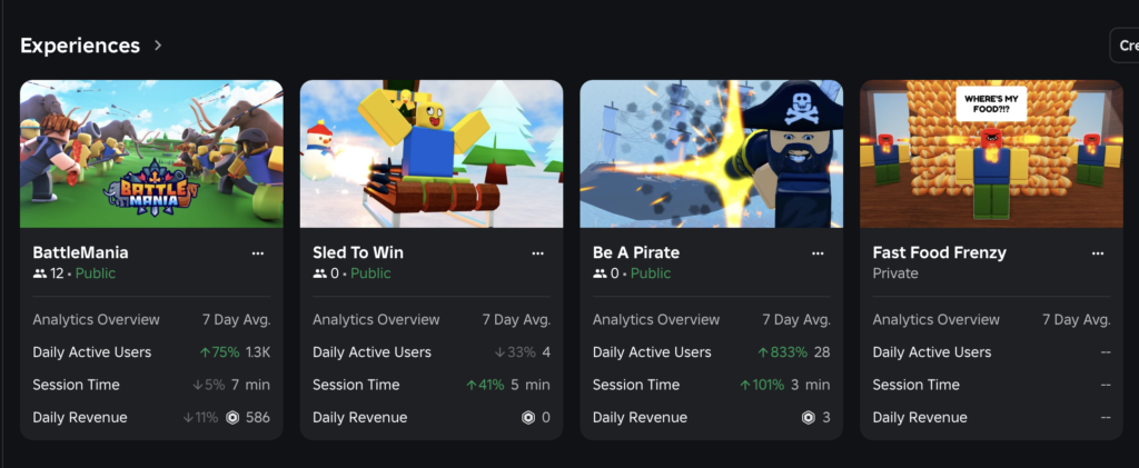 The experiences page in Roblox Studio.