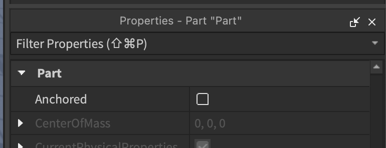 The unchecked anchored property of a Part in Roblox Studio