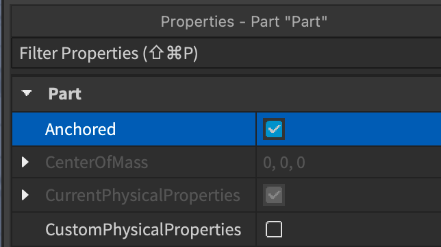 The checked property of a Part in Roblox Studio